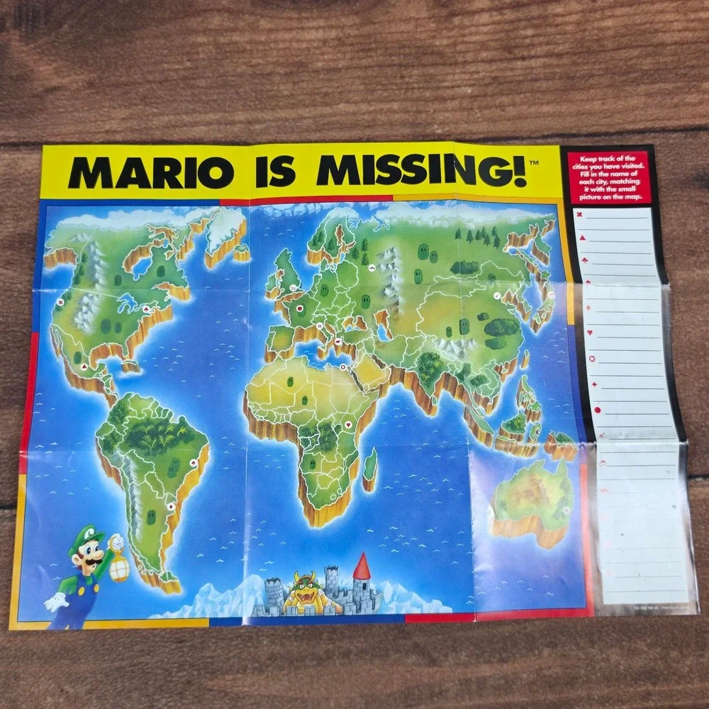 Nintendo Mario Is Missing Map SNES OS Yellow Good Vintage Luigi 1993 Insert